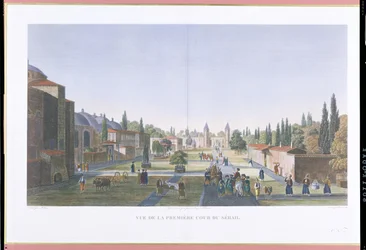 Vista del Patio Exterior del Serrallo, Palacio de Topkapi, Constantinopla, grabado por Jean Nicolas Le Rouge y Jean Baptiste Pillement, 1815